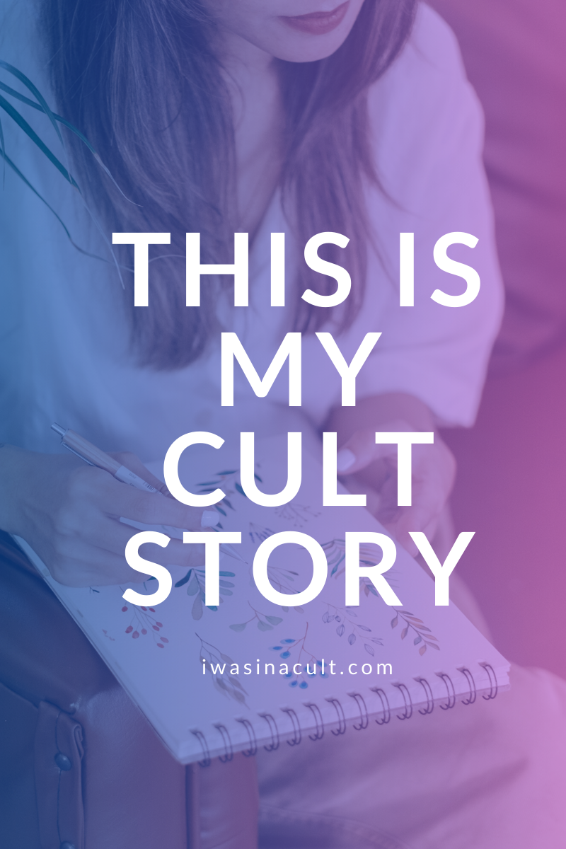 image of female writing on a pad of paper overlayed with purple and "this is my cult story"